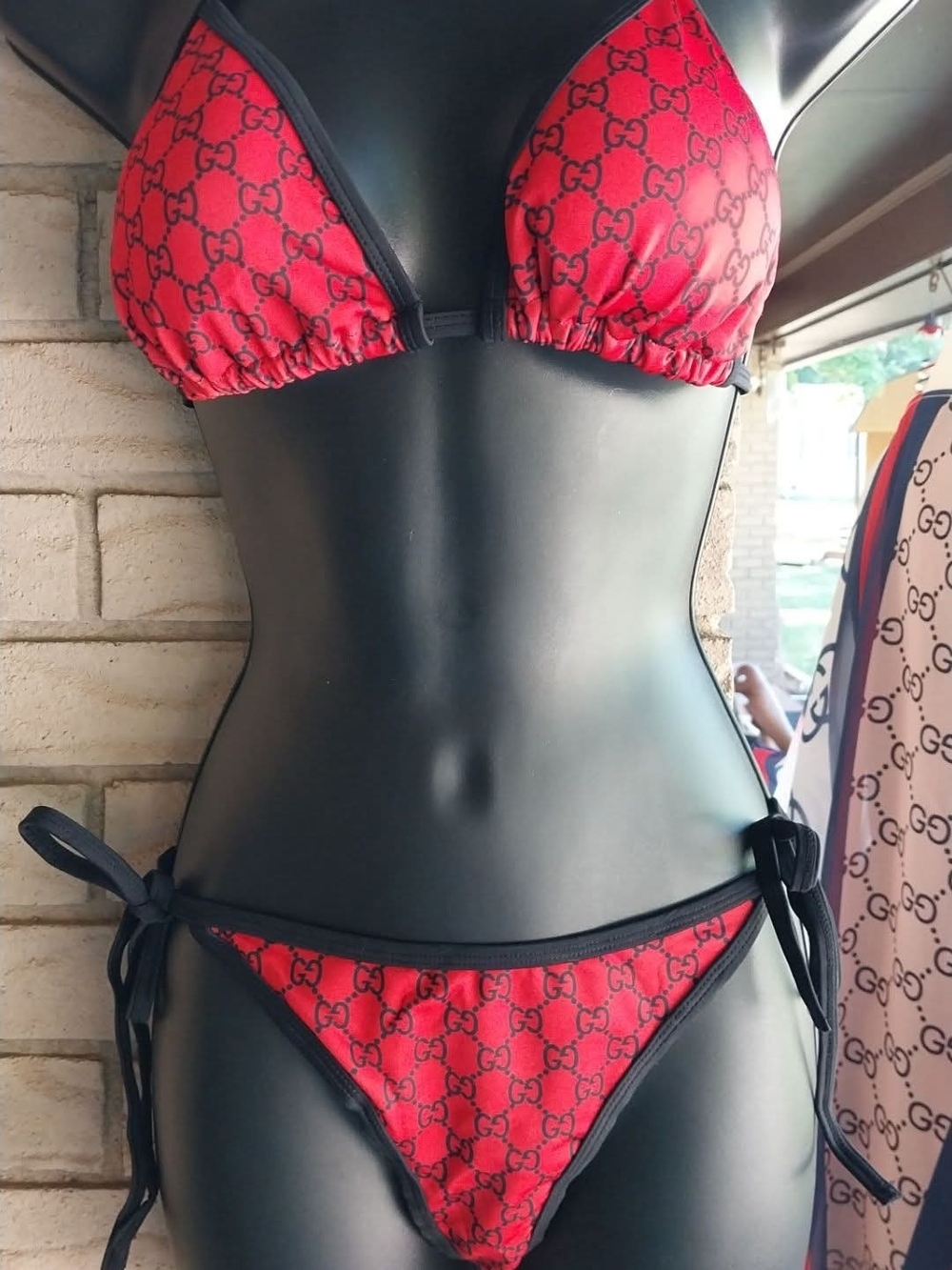 Gucci Red and Black GG Logo Triangle Bikini Set
